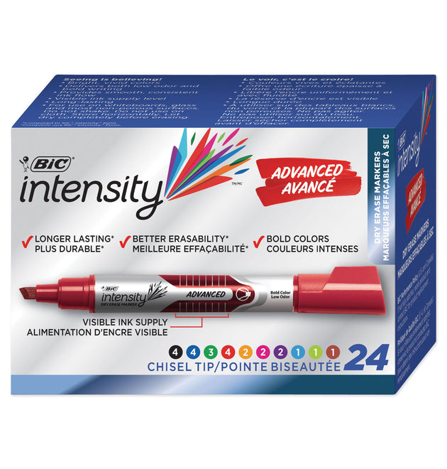 Intensity Advanced Dry Erase Marker, Tank-Style, Broad Chisel Tip, Assorted Colors, 24/Pack