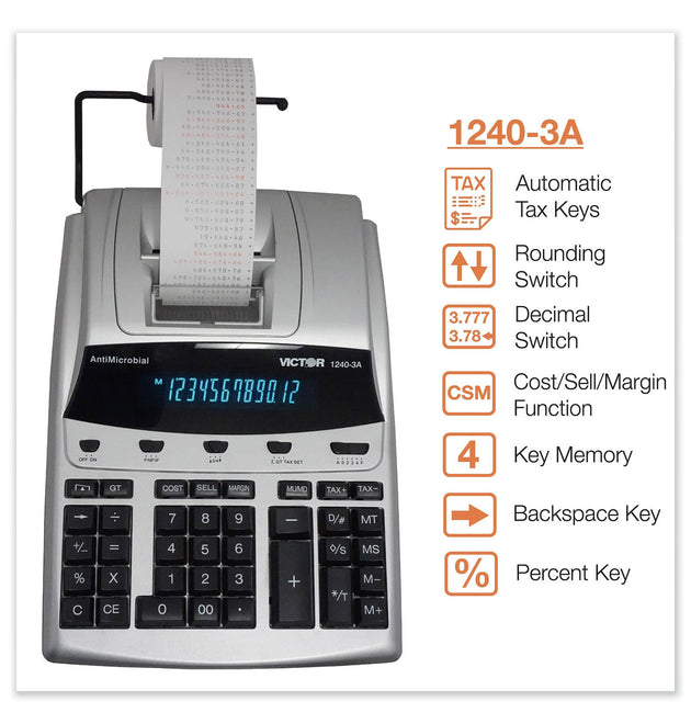 1240-3A Antimicrobial Printing Calculator, Black/Red Print, 4.5 Lines/Sec