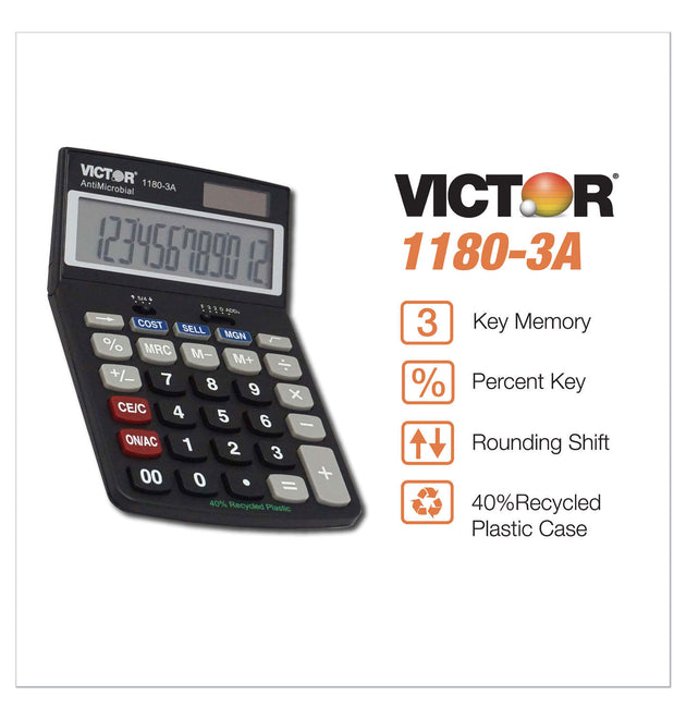 1180-3A Antimicrobial Desktop Calculator, 12-Digit LCD