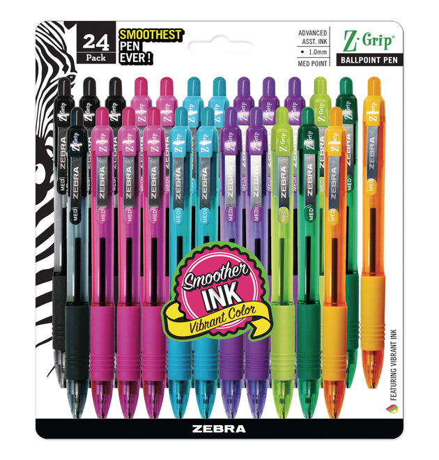 Z-Grip Ballpoint Pen, Retractable, Medium 1 mm, Assorted Artistic Ink Colors, Assorted Barrel Colors, 24/Pack