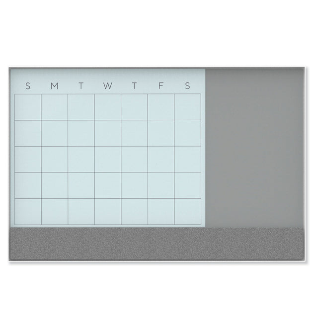 3N1 Magnetic Glass Dry Erase Combo Board, 23 x 17, Month View, Gray/White Surface, White Aluminum Frame