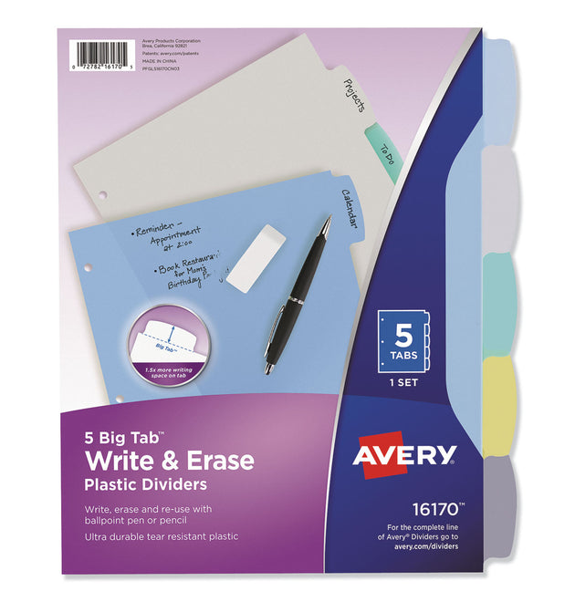 Write and Erase Big Tab Durable Plastic Dividers, 3-Hole Punched, 5-Tab, 11 x 8.5, Assorted, 1 Set