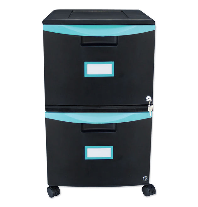 Two-Drawer Mobile Filing Cabinet, 2 Legal/Letter-Size File Drawers, Black/Teal, 14.75