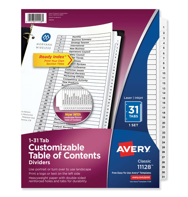 Customizable TOC Ready Index Black and White Dividers, 31-Tab, 1 to 31, 11 x 8.5, 1 Set