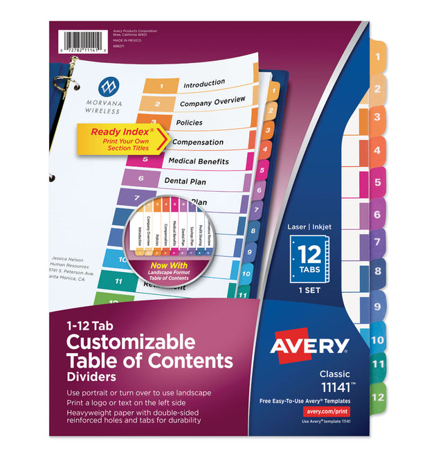 Customizable TOC Ready Index Multicolor Tab Dividers, 12-Tab, 1 to 12, 11 x 8.5, White, Traditional Color Tabs, 1 Set