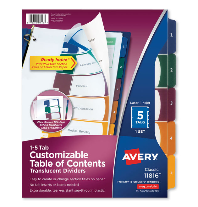 Customizable Table of Contents Ready Index Dividers with Multicolor Tabs, 5-Tab, 1 to 5, 11 x 8.5, Translucent, 1 Set