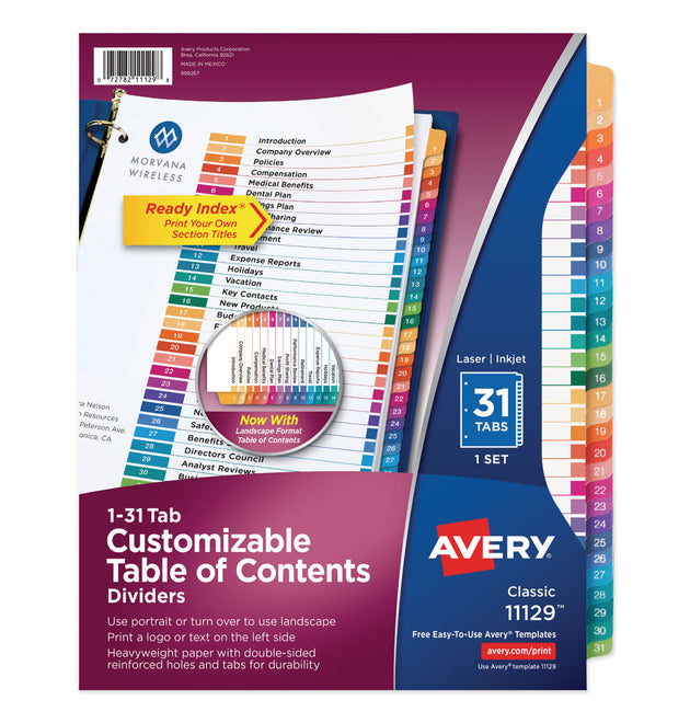 Customizable TOC Ready Index Multicolor Tab Dividers, 31-Tab, 1 to 31, 11 x 8.5, White, Traditional Color Tabs, 1 Set