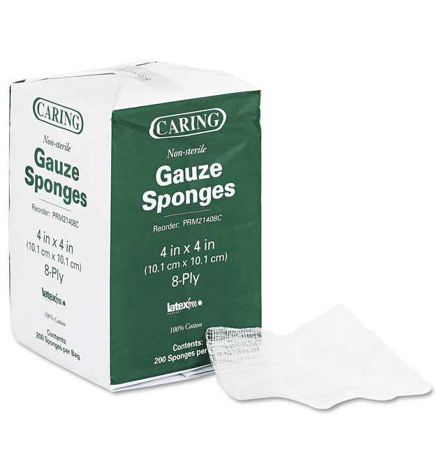 Caring Woven Gauze Sponges, Non-Sterile, 8-Ply, 4 x 4, 200/Pack