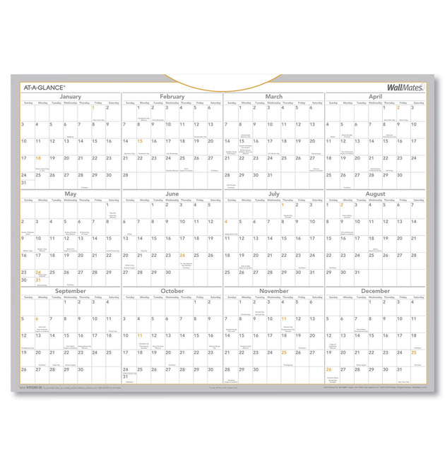 WallMates Self-Adhesive Dry Erase Yearly Planning Surfaces, 24 x 18, White/Gray/Orange Sheets, 12-Month (Jan to Dec): 2024