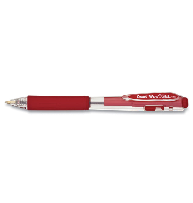 WOW! Gel Pen, Retractable, Medium 0.7 mm, Red Ink, Clear/Red Barrel, Dozen