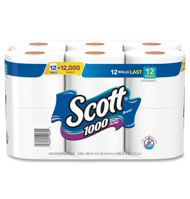 Toilet Paper, Septic Safe, 1-Ply, White, 1,000 Sheets/Roll, 12 Rolls/Pack, 4 Pack/Carton