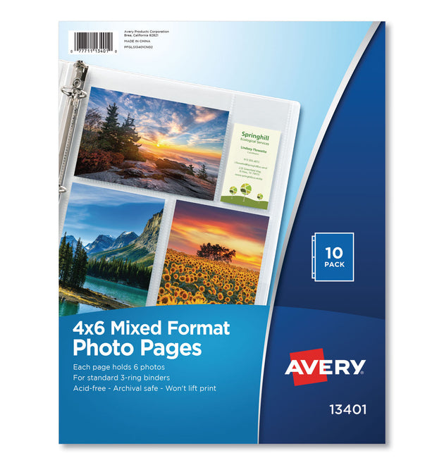 Photo Storage Pages for Six 4 x 6 Mixed Format Photos, 3-Hole Punched, 10/Pack