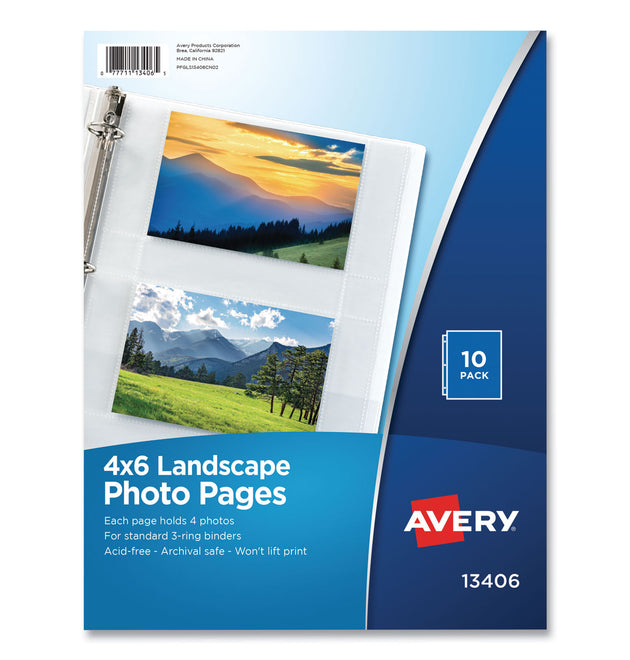 Photo Storage Pages for Four 4 x 6 Horizontal Photos, 3-Hole Punched, 10/Pack