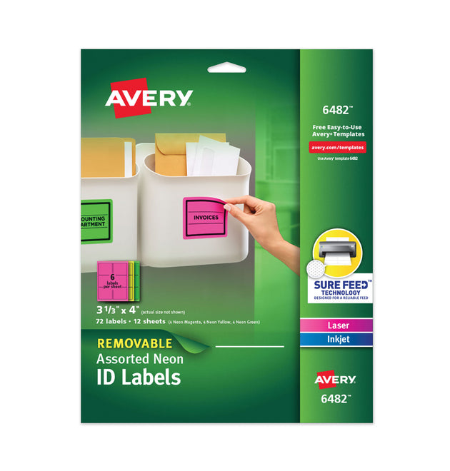 High-Vis Removable Laser/Inkjet ID Labels w/ Sure Feed, 3.33 x 4, Neon, 72/PK