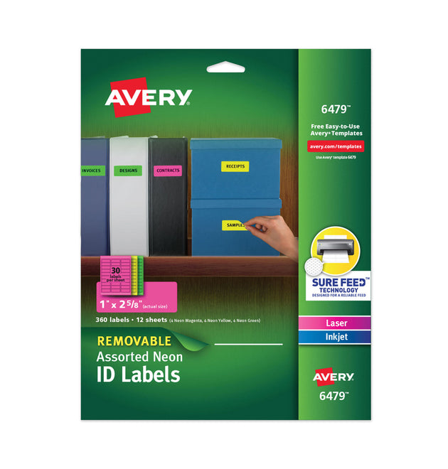 High-Vis Removable Laser/Inkjet ID Labels w/ Sure Feed, 1 x 2.63, Neon, 360/PK