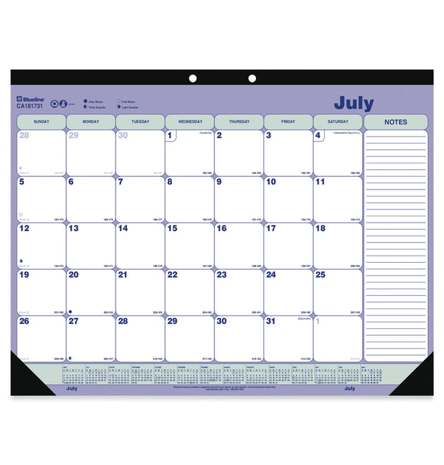 Academic Monthly Desk Pad Calendar, 21.25 x 16, White/Blue/Green, Black Binding/Corners, 13-Month (July-July): 2023 to 2024