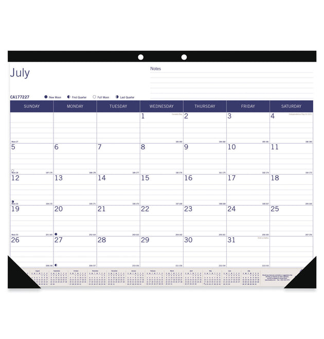 Academic Monthly Desk Pad Calendar, 22 x 17, White/Blue/Gray Sheets, Black Binding/Corners, 13-Month (July-July): 2023-2024