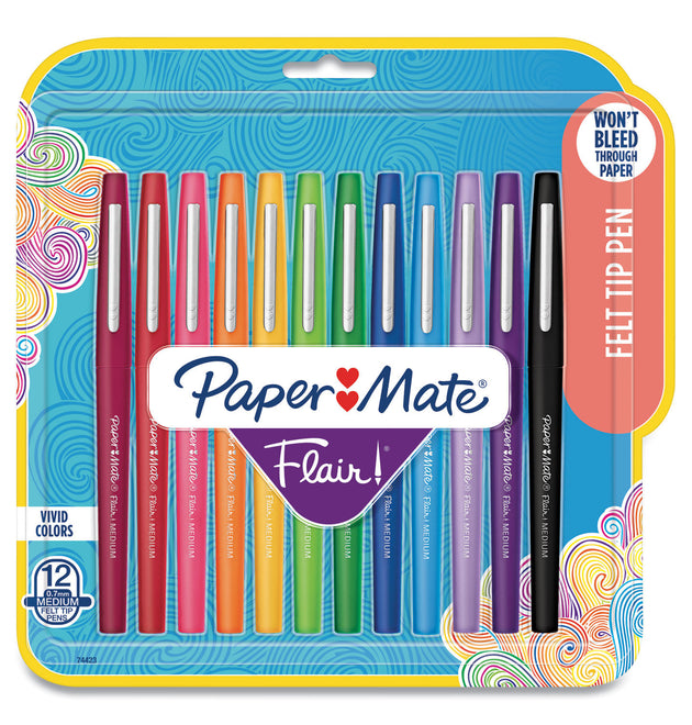 Flair Porous Point Stick Pen, Assorted Ink, Medium, Dozen