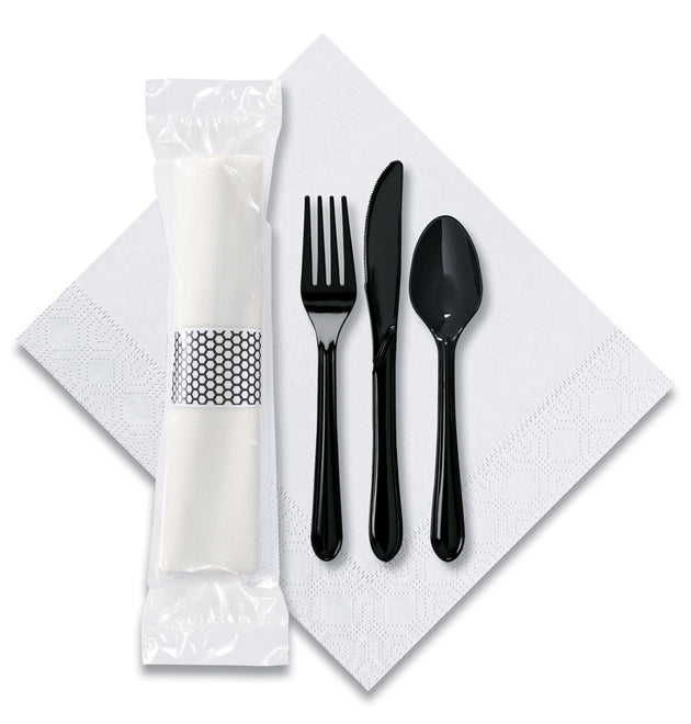 CaterWrap Cater to Go Express Cutlery Kit, Fork/Knife/Spoon/Napkin, Black, 100/Carton