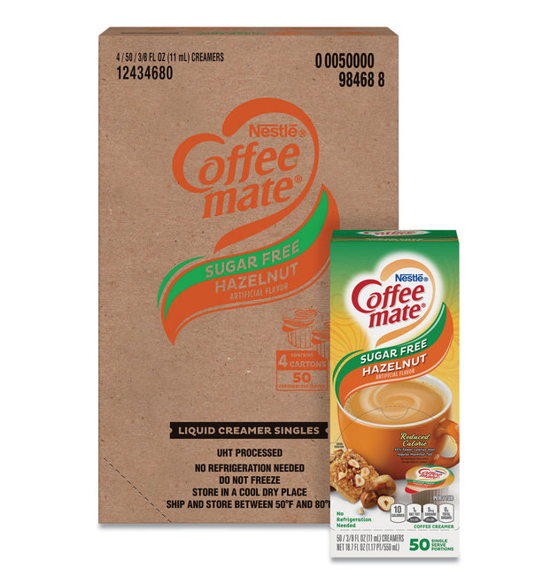 Liquid Coffee Creamer, Sugar Free Hazelnut, 0.38 oz Mini Cups, 50/Box, 4 Boxes/Carton