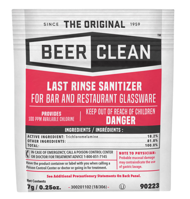 Beer Clean Last Rinse Glass Sanitizer, Powder, 0.25 oz Packet, 100/Carton