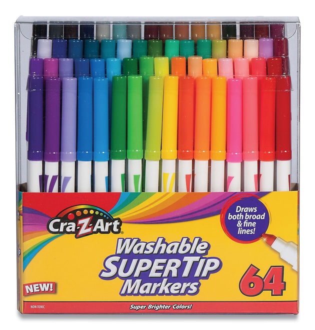 Washable SuperTip Markers, Fine/Broad Bullet Tips, Assorted Colors, 64/Set