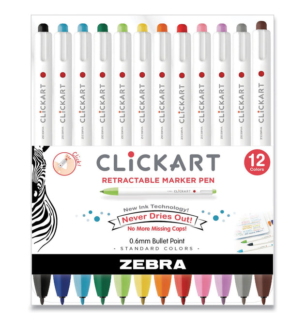 ClickArt Porous Point Pen, Retractable, Fine 0.6 mm, Assorted Ink and Barrel Colors, 12/Pack