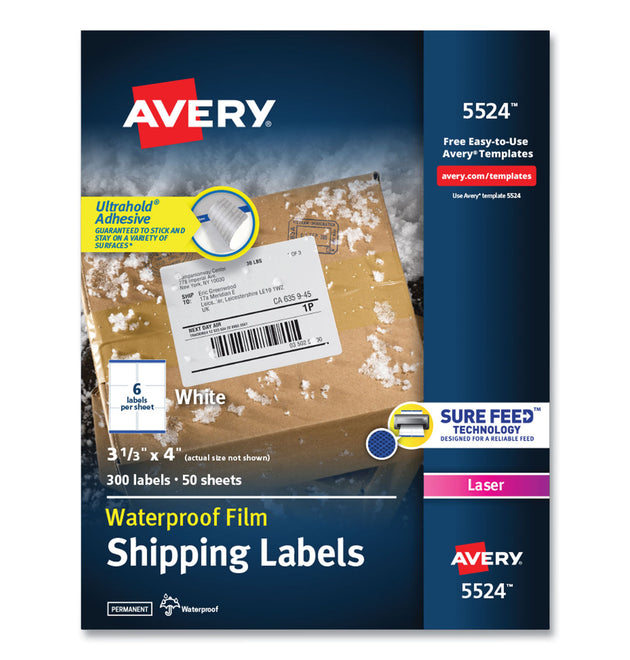 Waterproof Shipping Labels with TrueBlock and Sure Feed, Laser Printers, 3.33 x 4, White, 6/Sheet, 50 Sheets/Pack