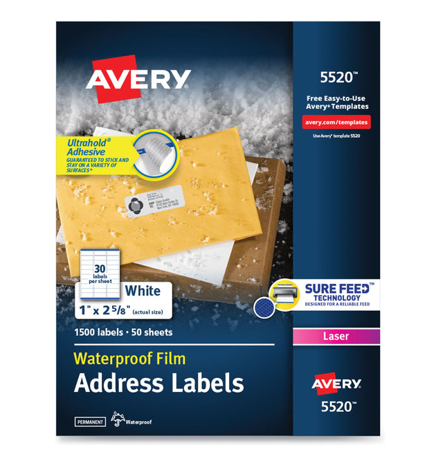 Waterproof Address Labels with TrueBlock and Sure Feed, Laser Printers, 1 x 2.63, White, 30/Sheet, 50 Sheets/Pack