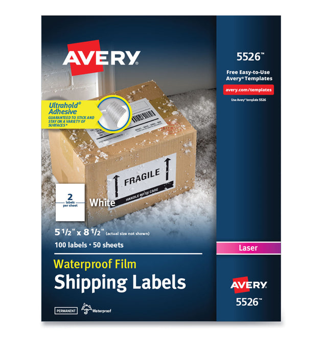 Waterproof Shipping Labels with TrueBlock Technology, Laser Printers, 5.5 x 8.5, White, 2/Sheet, 50 Sheets/Pack