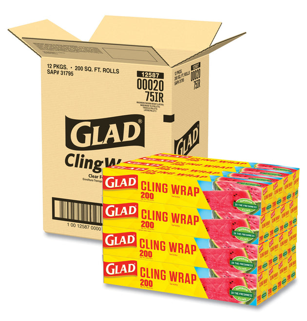 ClingWrap Plastic Wrap, 200 Square Foot Roll, Clear, 12 Rolls/Carton