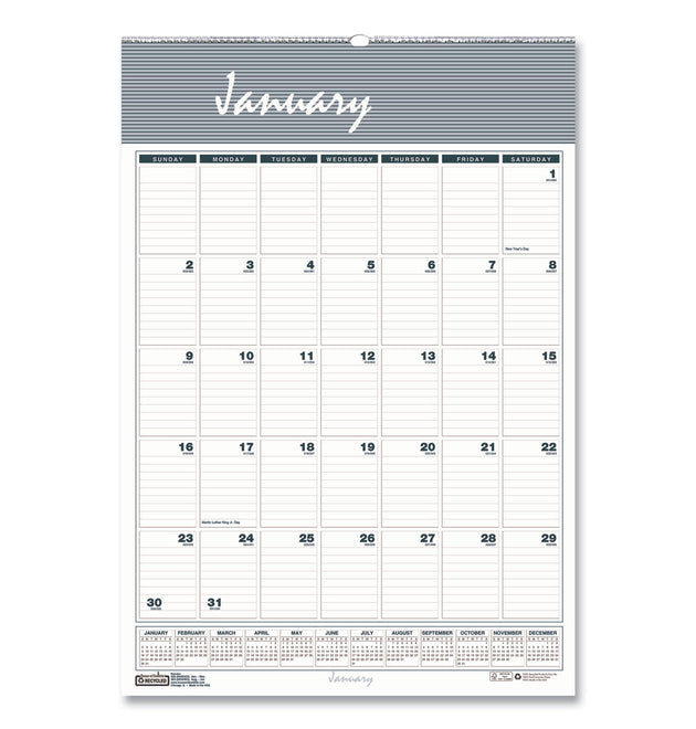 Bar Harbor Recycled Wirebound Monthly Wall Calendar, 12 x 17, White/Blue/Gray Sheets, 12-Month (Jan-Dec): 2024