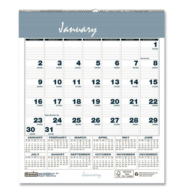 Bar Harbor Recycled Wirebound Monthly Wall Calendar, 6 x 7, White/Blue/Gray Sheets, 12-Month (Jan-Dec): 2024