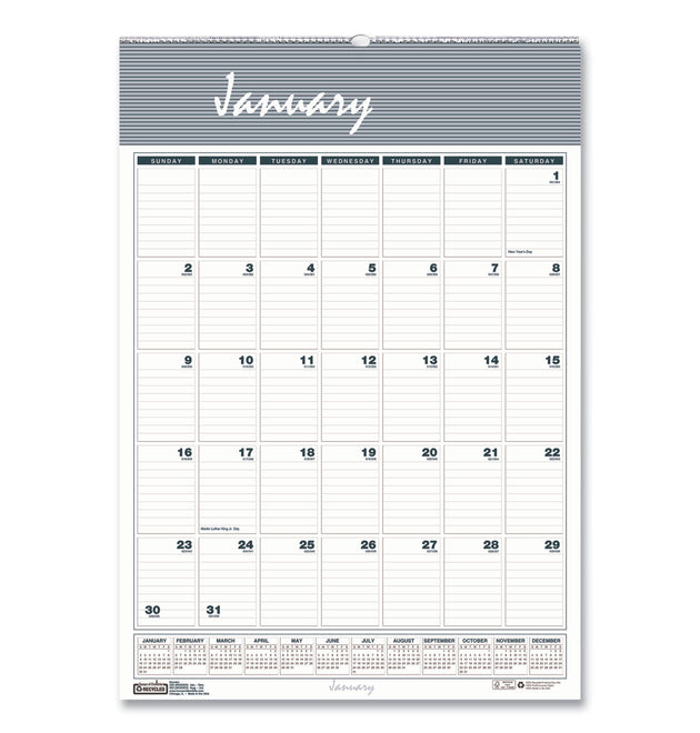 Bar Harbor Recycled Wirebound Monthly Wall Calendar, 22 x 31.25, White/Blue/Gray Sheets, 12-Month (Jan-Dec): 2024