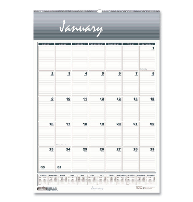 Bar Harbor Recycled Wirebound Monthly Wall Calendar, 8.5 x 11, White/Blue/Gray Sheets, 12-Month (Jan-Dec): 2024