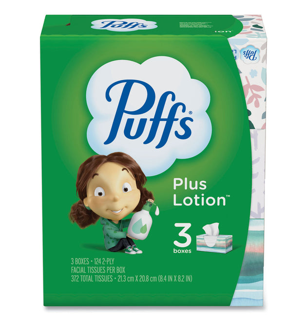 Plus Lotion Facial Tissue, 2-Ply, White, 124/Box, 3 Box/Pack, 8 Packs/Carton