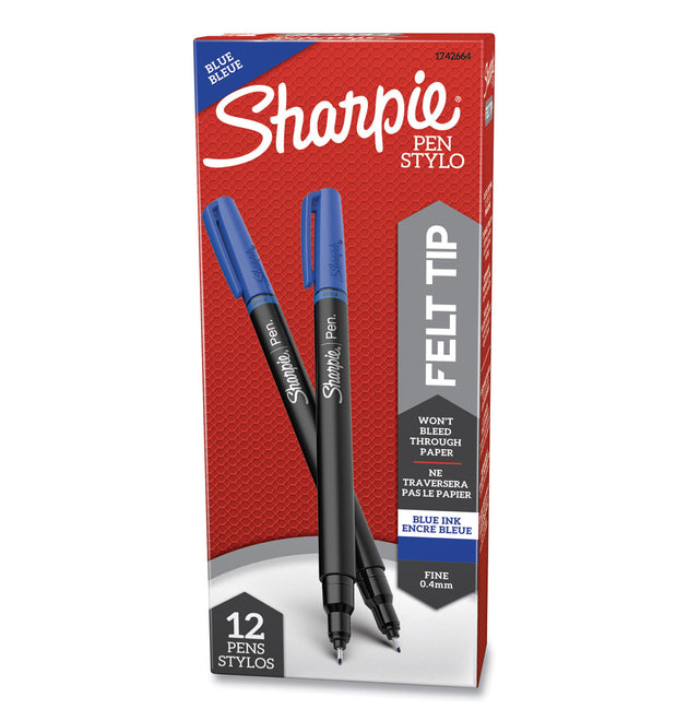 Water-Resistant Ink Porous Point Pen, Stick, Fine 0.4 mm, Blue Ink, Black/Blue Barrel, Dozen