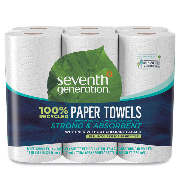 100% Recycled Paper Kitchen Towel Rolls, 2-Ply, 11 x 5.4, 140 Sheets/Roll, 6 Rolls/Pack