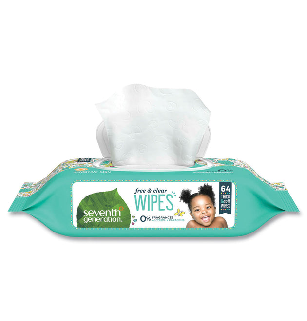 Free and Clear Baby Wipes, 7 x 7, Unscented, White, 64/Flip-Top Pack