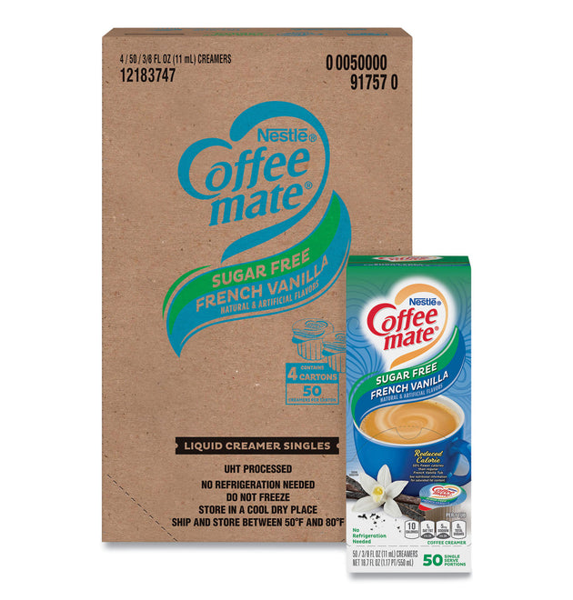 Liquid Coffee Creamer, Sugar Free French Vanilla, 0.38 oz Mini Cups, 50/Box, 4 Boxes/Carton, 200 Total/Carton