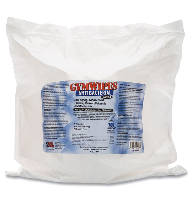 Antibacterial Gym Wipes Refill, 1-Ply, 6 x 8, Unscented, White, 700 Wipes/Pack, 4 Packs/Carton