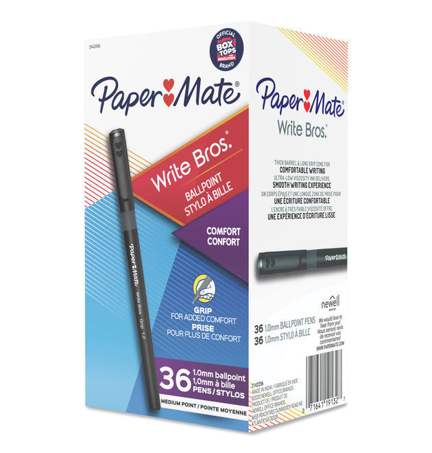 Write Bros. Grip Ballpoint Pen, Stick, Medium 1 mm, Black Ink, Black Barrel, 36/Pack