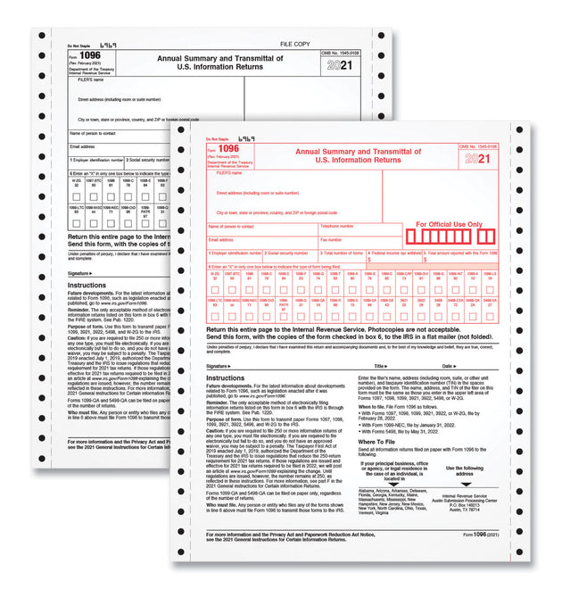 1096 Tax Form for Dot Matrix Printers, Fiscal Year: 2023, Two-Part Carbonless, 8 x 11, 10 Forms Total