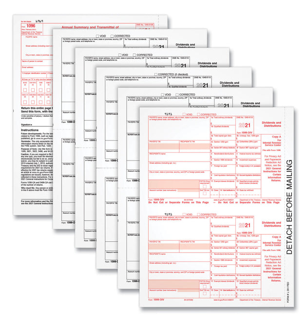 1099-DIV Tax Forms for Inkjet/Laser Printers, Fiscal Year: 2023, Five-Part Carbonless, 8 x 5.5, 2 Forms/Sheet, 24 Forms Total