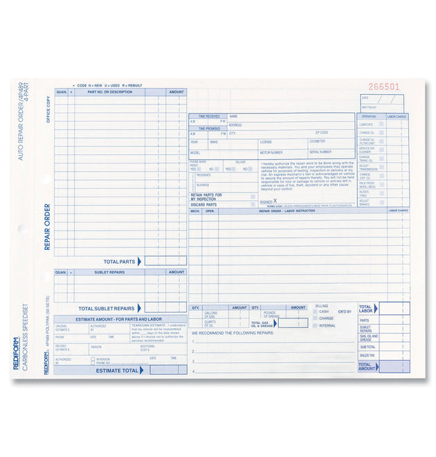 Speediset Four-Part Auto Repair Form, Four-Part Carbonless, 11 x 8.5, 50 Forms Total