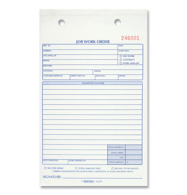 Job Work Order Book, Two-Part Carbonless, 5.5 x 8.5, 50 Forms Total