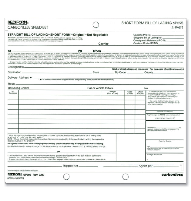 Speediset Bill of Lading, Short Form, Three-Part Carbonless, 7 x 8.5, 50 Forms Total