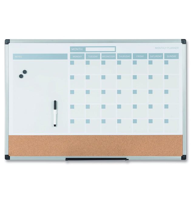 3-in-1 Planner Board, 24 x 18, Tan/White/Blue Surface, Silver Aluminum Frame