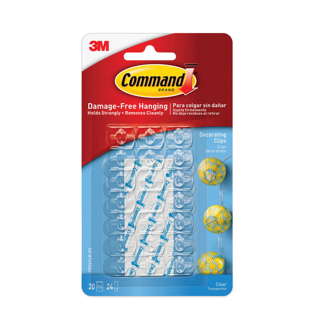 Clear Hooks and Strips, Decorating Clips, Plastic, 0.1 lb Capacity, 20 Clips and 24 Strips/Pack