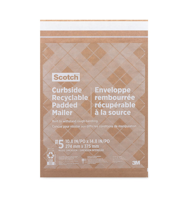 Curbside Recyclable Padded Mailer, #5, Bubble Cushion, Self-Adhesive Closure, 12 x 17.25, Natural Kraft, 100/Carton